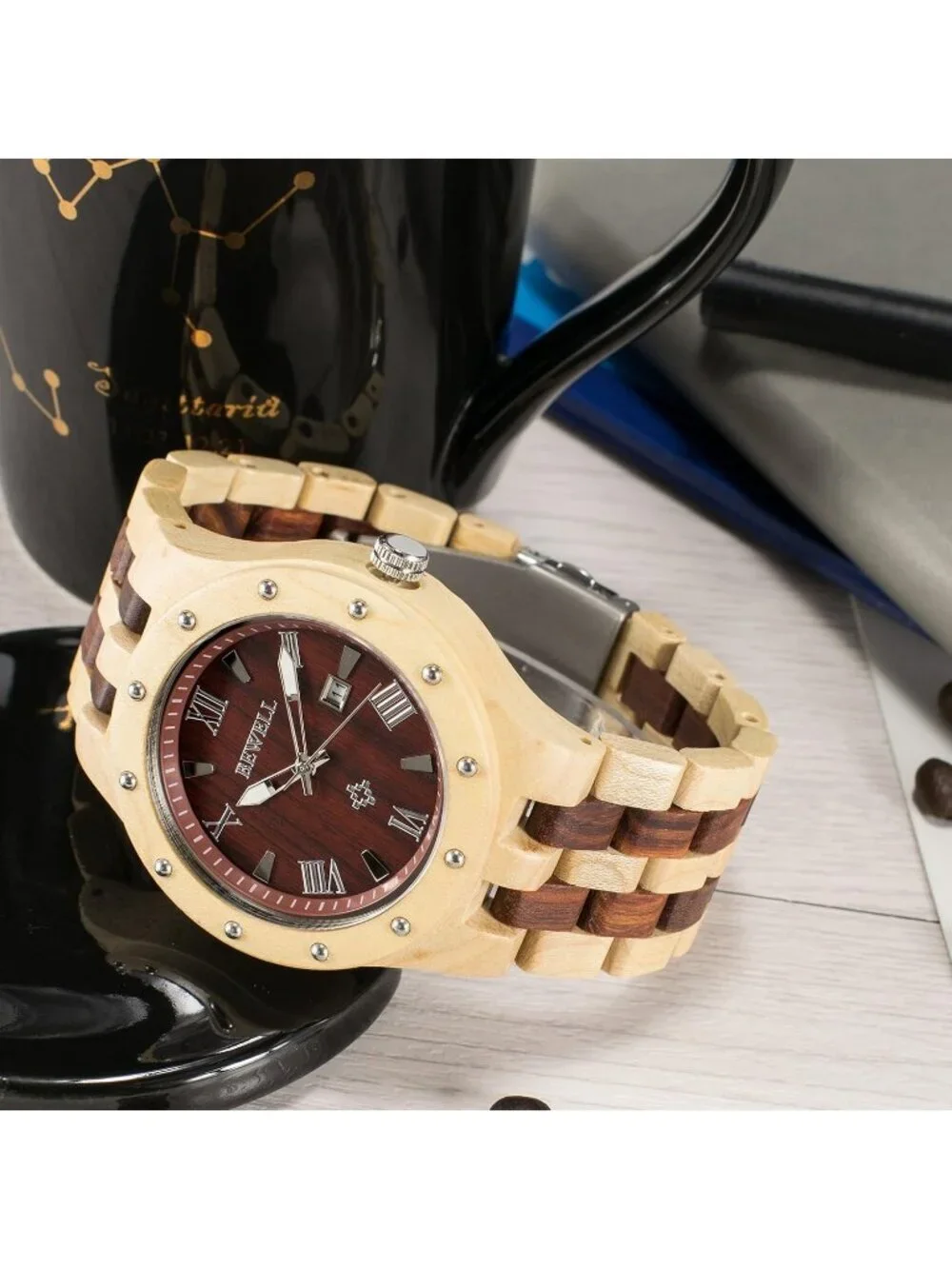 Men's Beige Red Handmade Date Display Analog Quartz Luminous Wrist Wooden Watch